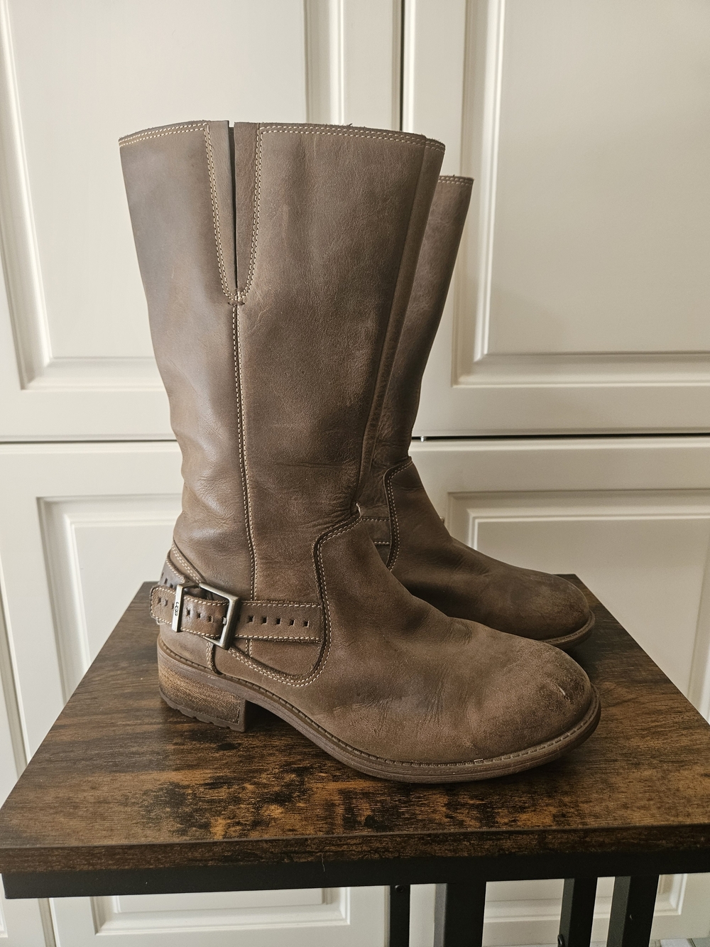 UGG Langton Brown Leather Mid-Calf Harness Moto Boots Rustic Western Biker Chic